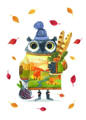 owl postcard, fall postcard, autumn postcard