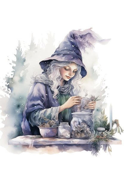 Set of 14 cards and two sheets of stickers "Winter Witches"