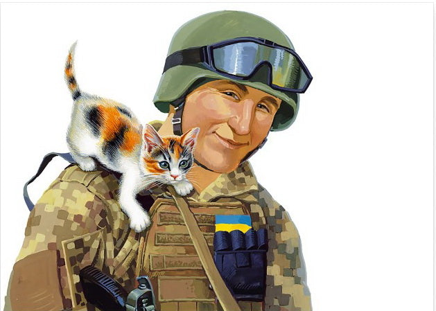 Card "Fluffy Battalion". Soldier with a kitten"