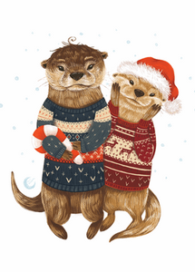 otters postcard, christmas card, christmas postcard, 