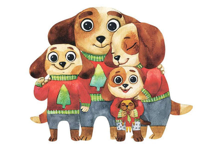 dogs family postcard, christmas card