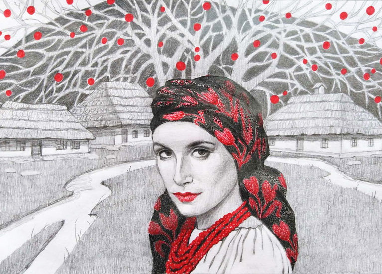 Ukrainian woman in a black scarf postcard