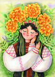 Ukrainian woman in a wreath card