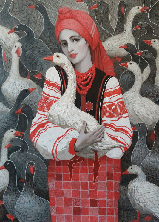 Ukrainian woman with a goose card