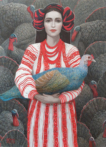 Ukrainian woman with turkey postcard