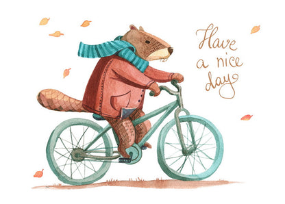 beaver on a bicycle postcard