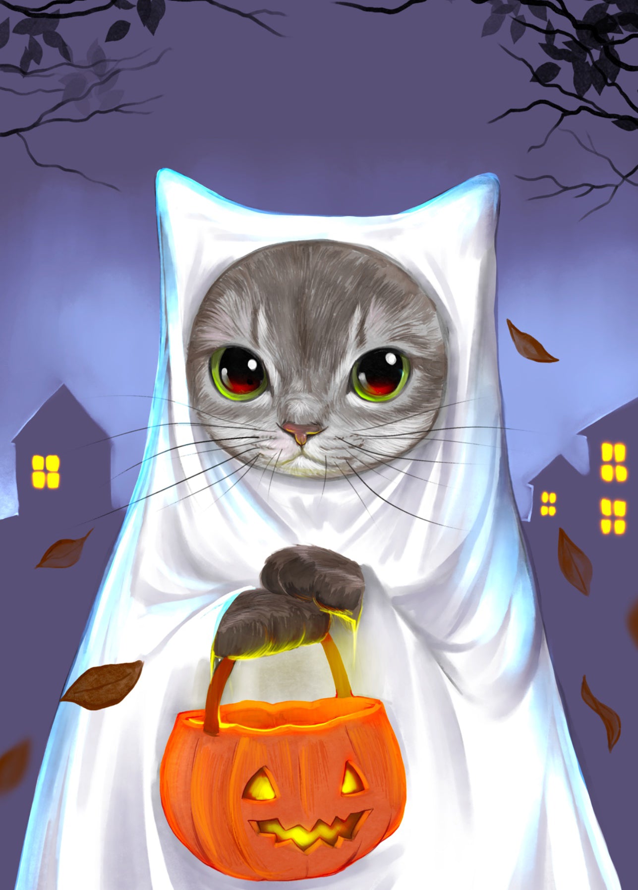 Cat in a ghost costume with a pumpkin basket against a Halloween-themed background