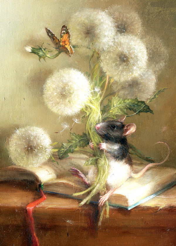 mouse on a book postcard