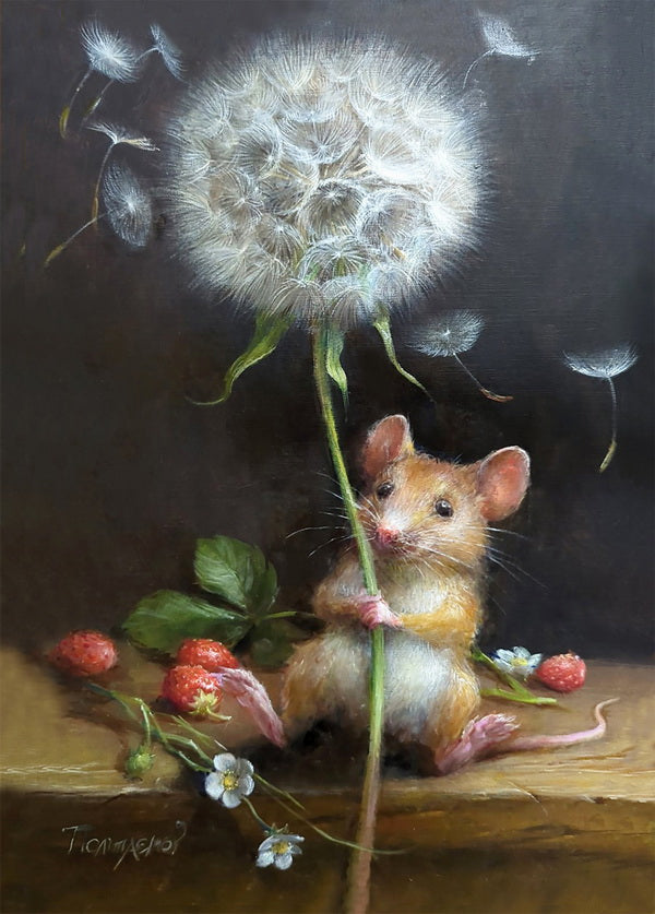 mouse with dandelion postcard
