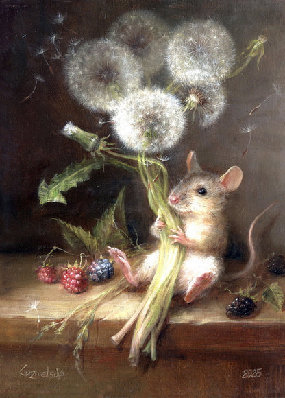 mouse with dandelions and blackberries postcard