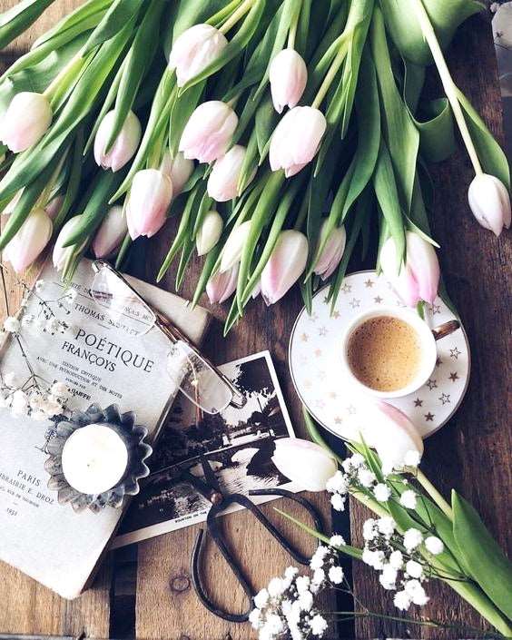 postcard with tulips and a cup of coffee