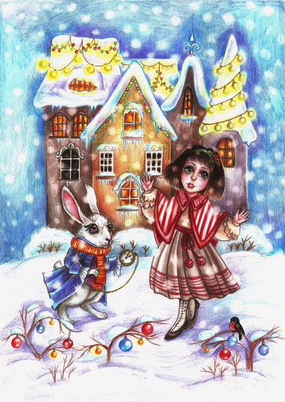 alice postcard, new year card alice in wonderland,