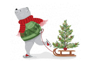 bear and tree postcard, new year card bear and sled, bear new year card