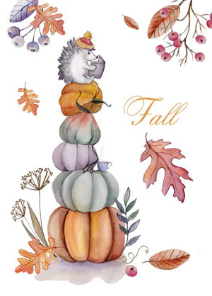 fall postcard, pumpkins postcard, autumn postcard, hedgehog postcard