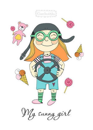 cheerful girl postcard, funny girl postcard, sunny girl postcard