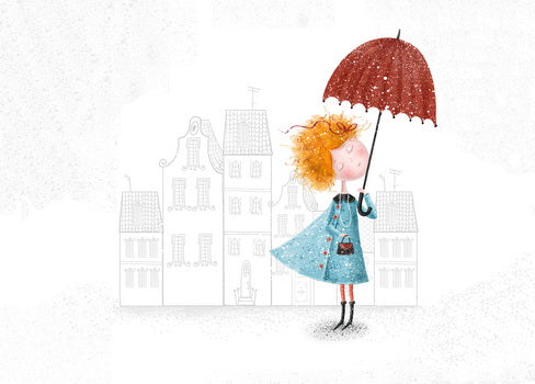 city postcard, girl in the city postcard, umbrella postcard, girl under the umbrella postcard