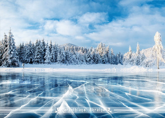 ice on a lake cards, lake in the carpathians card, ice postcard