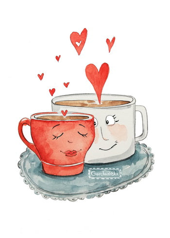 Couple postcard, valentine postcard, cups postcard