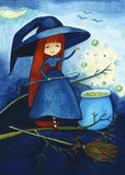 little witch postcard, witch postcard, halloween postcard