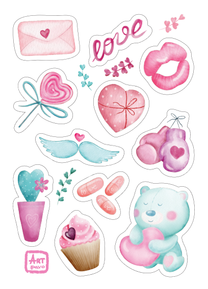 romantic stickers, set of romantic stickers, heart stickers