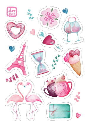 romantic stickers, set of romantic stickers, heart stickers