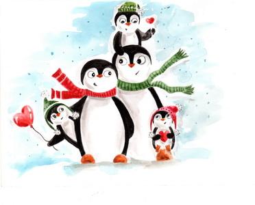 Penguins postcard, family postcard, winter card, penguin family postcard