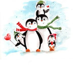 Penguins postcard, family postcard, winter card, penguin family postcard