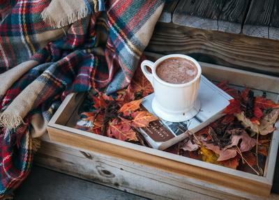 Cocoa postcard, autumn postcard, autumn  flatlay postcard