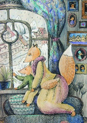 fox postcard, little fox postcard, mother and son postcard