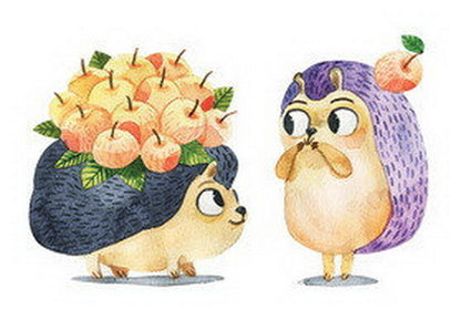 hedgehogs postcard, apples postcard