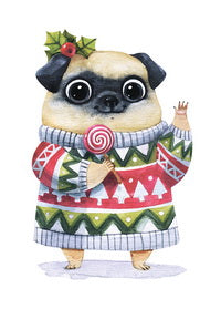 beautiful card for christmas, pug postcard