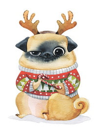 pug postcard, christmas pug postcard, christmas postcard