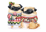 postcard pugs, christmas postcard, christmas dog postcard