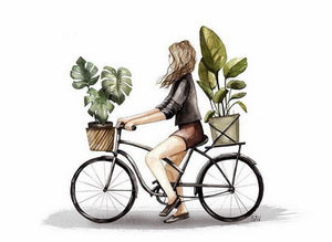 girl with the flower postcard, girl on a bike postcard